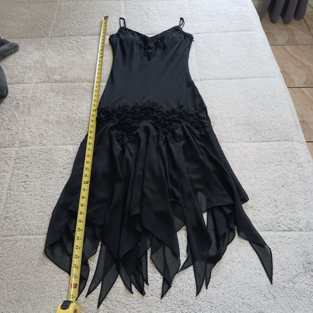 Vintage Cachet Y2K Black Handkerchief Hem Midi Dress Crochet Details Size 12 - Picture 12 of 14